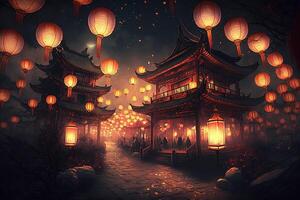festeggiare il lanterna Festival, lunare nuovo anni mille dollari finale illustrazione generativo ai foto