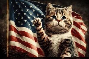 patriottico americano animale domestico gatto con agitando Stati Uniti d'America bandiera su sfondo per 4 ° di luglio o memoriale giorno. il quarto di luglio o lavoro duro e faticoso giorno. illustrazione generativo ai foto