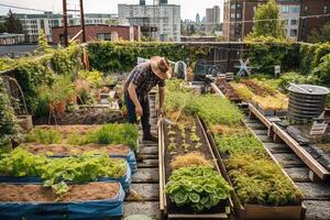 persona giardinaggio nel urbano ambiente nel grande nuovo York città illustrazione generativo ai foto