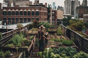 persona giardinaggio nel urbano ambiente nel grande nuovo York città illustrazione generativo ai foto