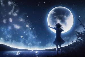 anime ragazza guardare a il Luna su stellato notte illustrazione generativo ai foto