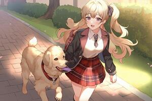 bella anime scuola ragazza con un' cane guardare a voi illustrazione generativo ai foto