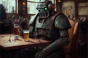 robot potabile un' birra nel un' bar illustrazione generativo ai foto