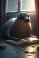 foca lettura un' libro cartone animato illustrazione generativo ai foto