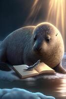 foca lettura un' libro cartone animato illustrazione generativo ai foto