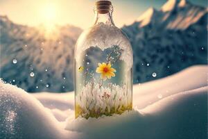 primavera è nel un' bottiglia al di fuori neve e ghiaccio di inverno illustrazione generativo ai foto