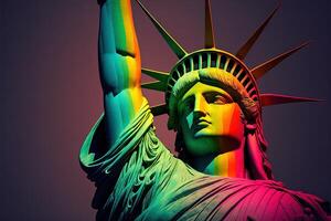 statua di libertà nel il arcobaleno colori. LGBTQ Comunità sostenitori per tolleranza in direzione Genere, sessualità e identità illustrazione generativo ai foto