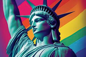 statua di libertà nel il arcobaleno colori. LGBTQ Comunità sostenitori per tolleranza in direzione Genere, sessualità e identità illustrazione generativo ai foto