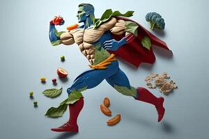 supereroe salutare cibo frutta e verdure illustrazione generativo ai foto