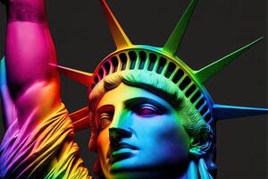 statua di libertà nel il arcobaleno colori. LGBTQ Comunità sostenitori per tolleranza in direzione Genere, sessualità e identità illustrazione generativo ai foto