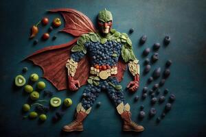supereroe salutare cibo frutta e verdure illustrazione generativo ai foto