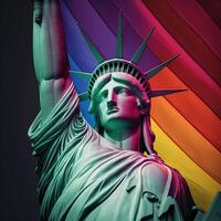 statua di libertà nel il arcobaleno colori. LGBTQ Comunità sostenitori per tolleranza in direzione Genere, sessualità e identità illustrazione generativo ai foto