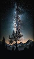 il latteo modo galassia allungamento attraverso il notte cielo, con staglia alberi e montagne nel il primo piano smartphone sfondo serratura schermo sfondo illustrazione generativo ai foto