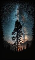 il latteo modo galassia allungamento attraverso il notte cielo, con staglia alberi e montagne nel il primo piano smartphone sfondo serratura schermo sfondo illustrazione generativo ai foto