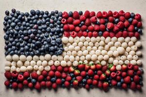 Stati Uniti d'America bandiera fatto su di frutta illustrazione generativo ai foto