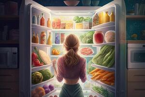 Visualizza a partire dal il indietro di bellissimo giovane donna si apre frigo porta, sembra dentro prende su verdure. donna preparazione salutare pasto utilizzando drogheria pieno di salutare illustrazione generativo ai foto