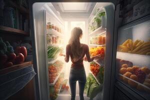 Visualizza a partire dal il indietro di bellissimo giovane donna si apre frigo porta, sembra dentro prende su verdure. donna preparazione salutare pasto utilizzando drogheria pieno di salutare illustrazione generativo ai foto