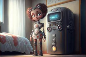 molto stretto robot ragazza nel Camera da letto illustrazione generativo ai foto