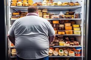 Grasso uomo nel davanti di Aperto frigorifero pieno di Rifiuto cibo illustrazione generativo ai foto