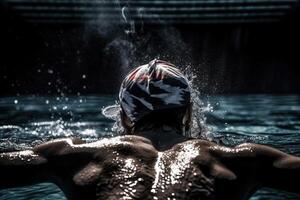 indietro Visualizza di muscolare nuotatore nel nuoto berretto e occhiali formazione a nuoto piscina illustrazione generativo ai foto