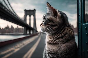 Visualizza a partire dal il indietro di gatto su Manhattan ponte illustrazione generativo ai foto