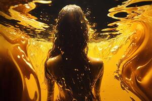 bellissimo donna nuoto nel liquido oro Visualizza a partire dal il indietro illustrazione generativo ai foto