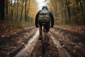 Visualizza a partire dal il indietro di un' uomo equitazione montagna bicicletta nel il boschi illustrazione generativo ai foto