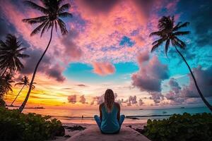 Visualizza a partire dal il indietro di bellissimo ragazza praticante yoga su un' tropicale spiaggia a tramonto, con palma alberi e colorato nuvole nel il sfondo illustrazione generativo ai foto