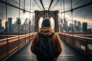 Visualizza a partire dal il indietro di un' uomo solo su brooklyn ponte nuovo York città, Stati Uniti d'America. illustrazione generativo ai foto