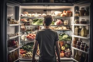uomo nel davanti di Aperto frigorifero pieno di salutare cibo illustrazione generativo ai foto