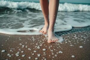 donna piedi su sabbioso spiaggia con mare schiuma illustrazione generativo ai foto