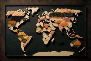 mondo carta geografica fatto di Sushi illustrazione generativo ai foto