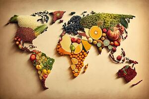 mondo carta geografica fatto di fresco frutta creativo dieta cibo salutare mangiare concetto illustrazione generativo ai foto