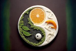 yin yang simbolo fatto di salutare cibo generativo ai foto