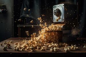 scoppiare di Popcorn noccioli che esplode su di un' Popcorn macchina illustrazione generativo ai foto