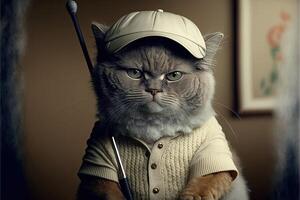 carino gatto giocando golf illustrazione. animale sport icona concetto generativo ai foto