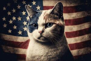 patriottico americano gatto con Stati Uniti d'America stella e strisce bandiera colori illustrazione generativo ai foto