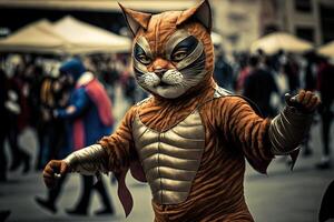 gatto nel carnevale costume a carnevale parata illustrazione generativo ai foto