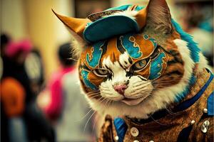 gatto nel carnevale costume a carnevale parata illustrazione generativo ai foto