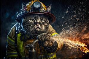 gatto nel un' vigile del fuoco completo da uomo e attrezzatura nel azione contro fuoco illustrazione generativo ai foto