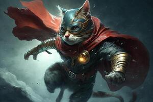 gatto giocando il ruolo di un' supereroe, indossare un' capo e maschera e utilizzando suo artigli per combattimento via alieno invasori illustrazione generativo ai foto