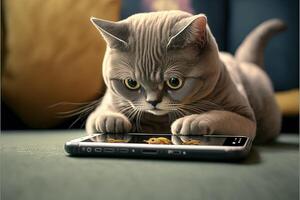 gatto utilizzando smartphone. concetto per animali domestici utilizzando tecnologia, o animali imitando umani. illustrazione generativo ai foto