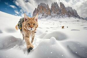 gatto il trekking nel dolomiti con scarpe da neve su neve inverno panorama paesaggio illustrazione generativo ai foto