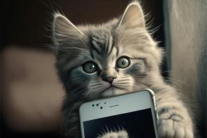 gatto utilizzando smartphone. concetto per animali domestici utilizzando tecnologia, o animali imitando umani. illustrazione generativo ai foto