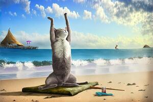 gatto fare yoga a il spiaggia illustrazione generativo ai foto