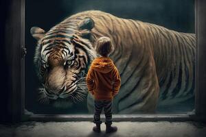 ragazzo di fronte un' tigre illustrazione generativo ai foto