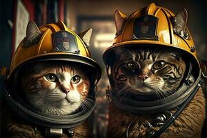 gatti nel un' vigile del fuoco completo da uomo e attrezzatura illustrazione generativo ai foto