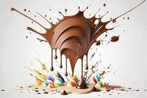 cioccolato esplosione spruzzo con molti gocce su bianca sfondo illustrazione generativo ai foto