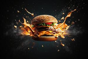 delizioso hamburger che esplode nel davanti di il telecamera con galleggiante ingredienti su nero sfondo illustrazione generativo ai foto