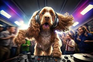 cocker spaniel cane animale è un' residente dj nel il club persone danza su sfondo illustrazione generativo ai foto